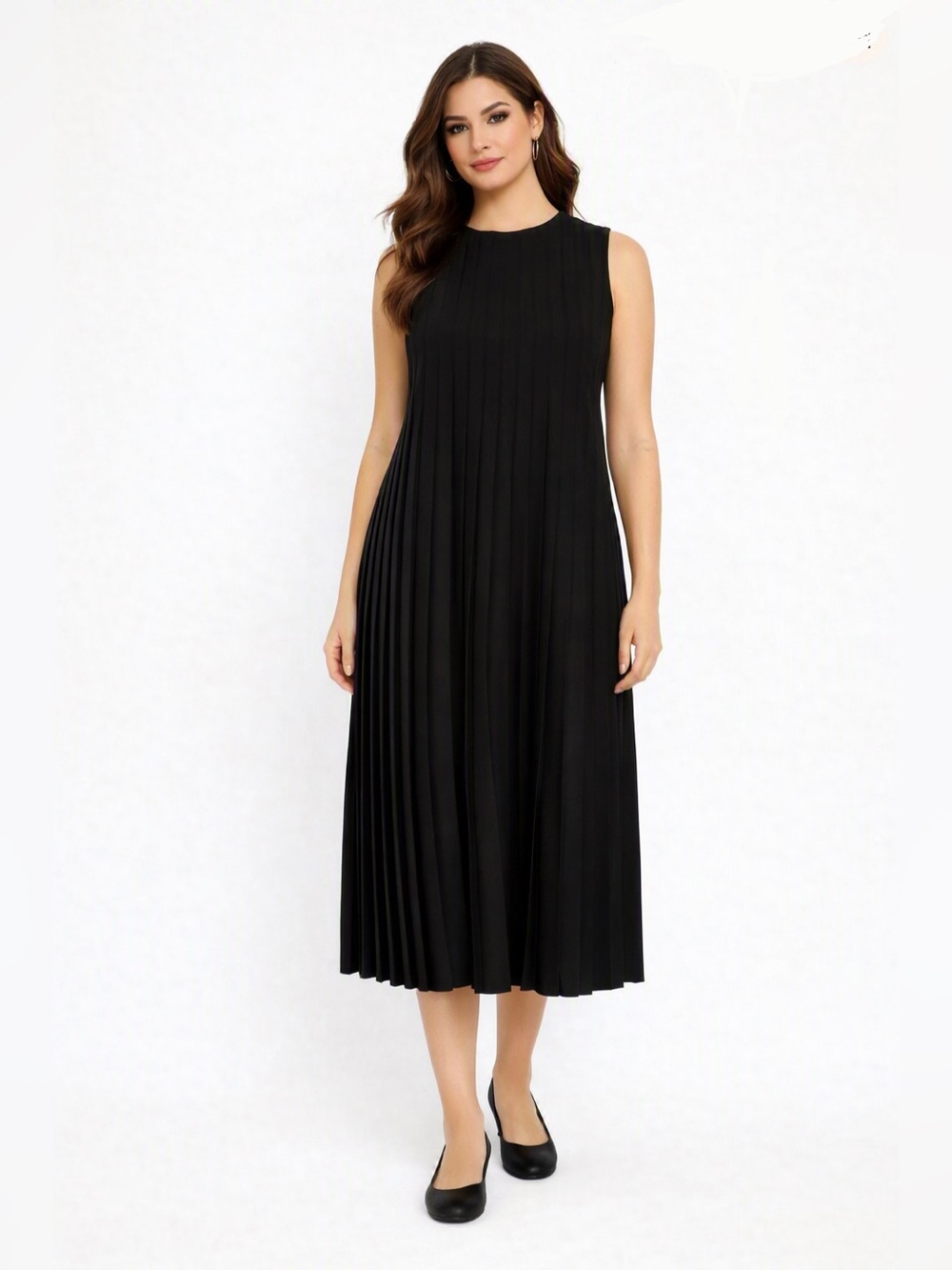 Vintage Women’s Pleated Sleeveless Midi Dress in Black Sz S